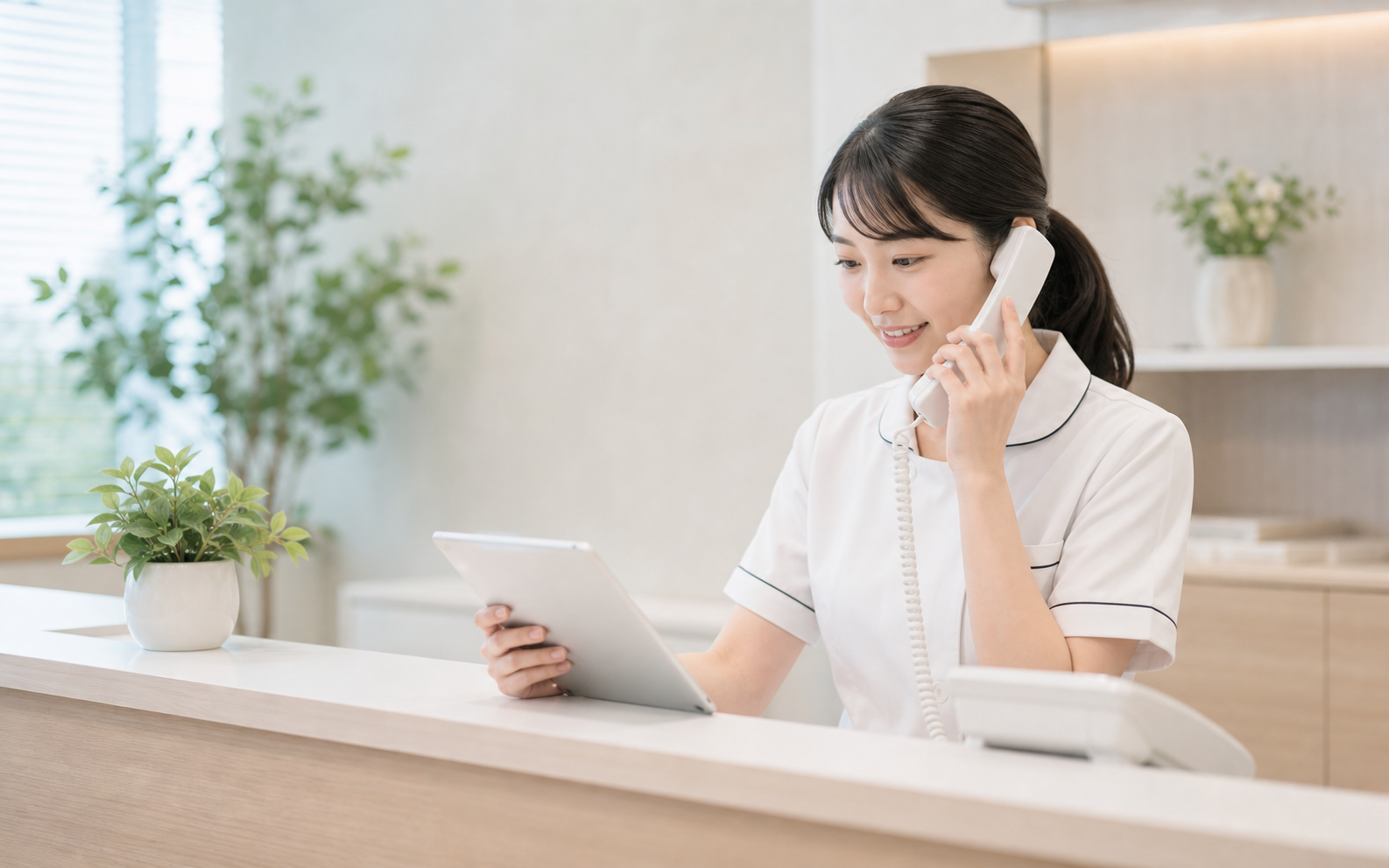 電話で問い合わせ対応を行うクリニックスタッフ