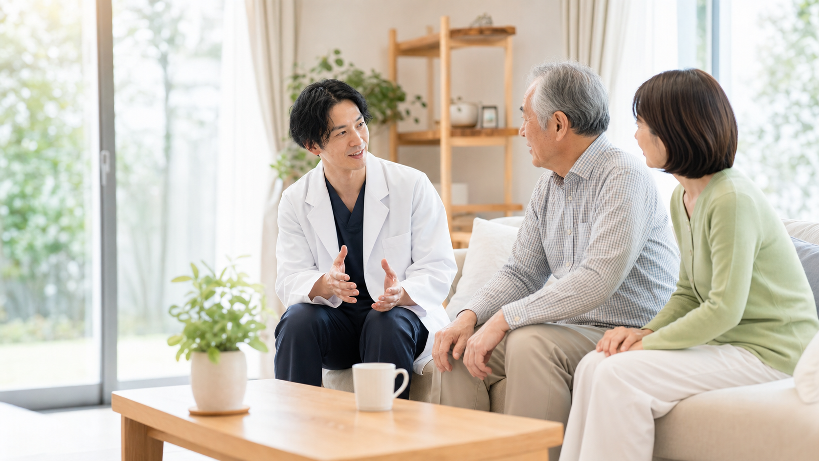 訪問診療で医師が患者と家族に説明する様子