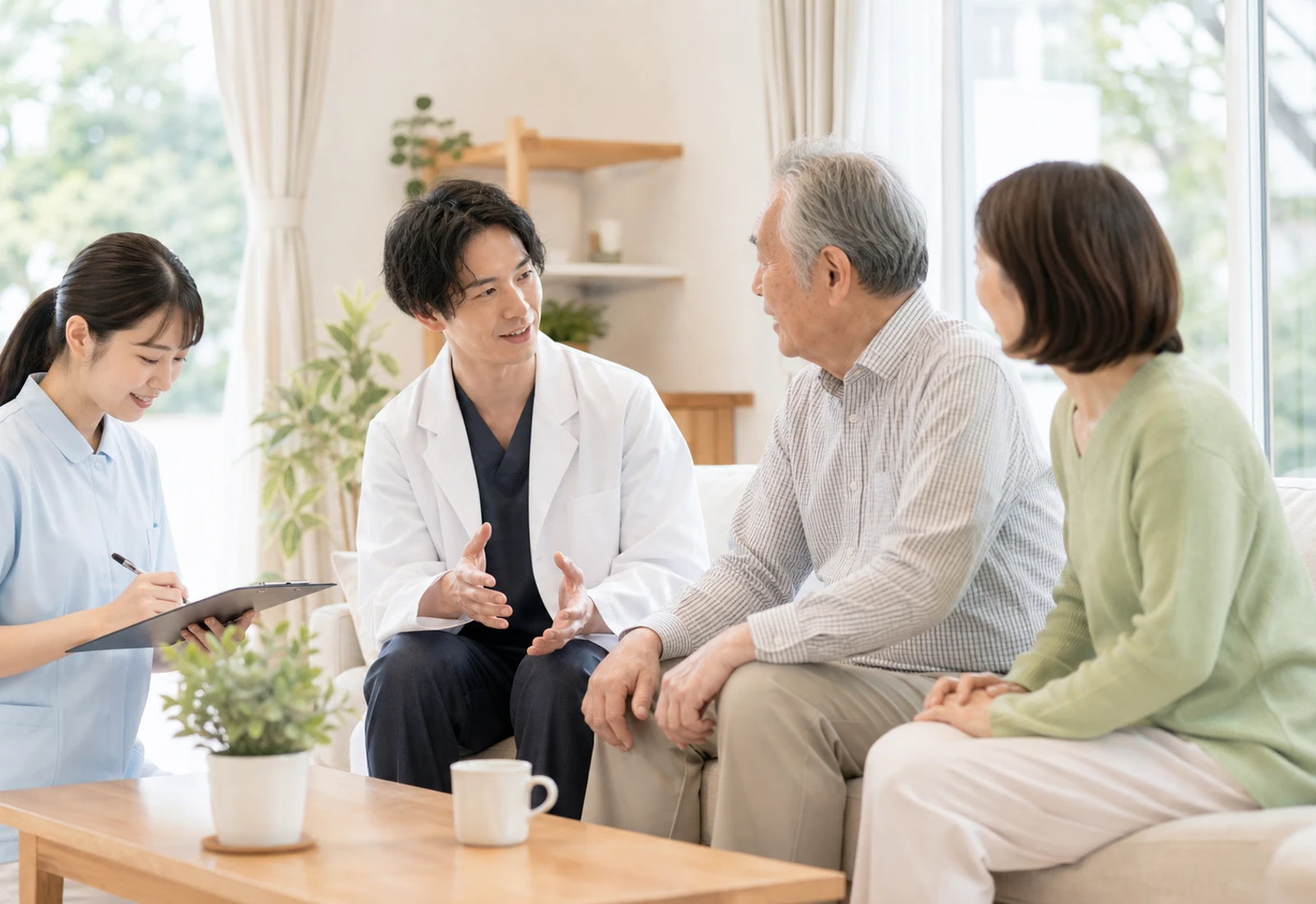 自宅で訪問診療を受ける患者と家族