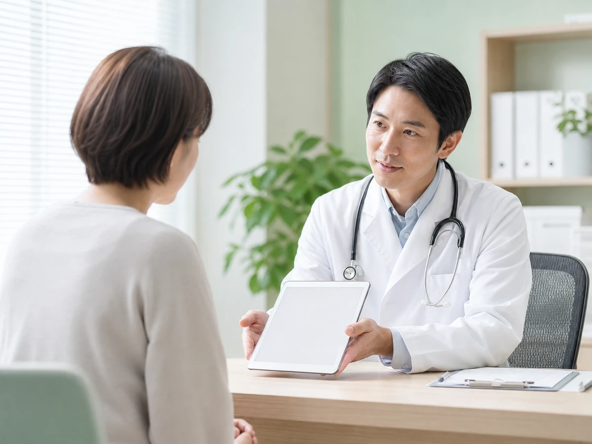 内科外来で医師に相談する患者